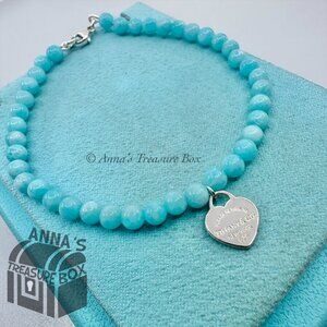 Tiffany & Co. 925 Silver Mini RTT Heart 4mm Amazonite 7.5" Bracelet (pouch)